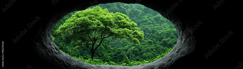 Tree Through Cave Opening: A lush green tree viewed through a dark, round cave opening, creating a striking contrast of light and shadow, nature and mystery. Tree Through Cave Opening: A lush green tree viewed through a dark, round cave opening, creating a striking contrast of light and shadow, nature and mystery.