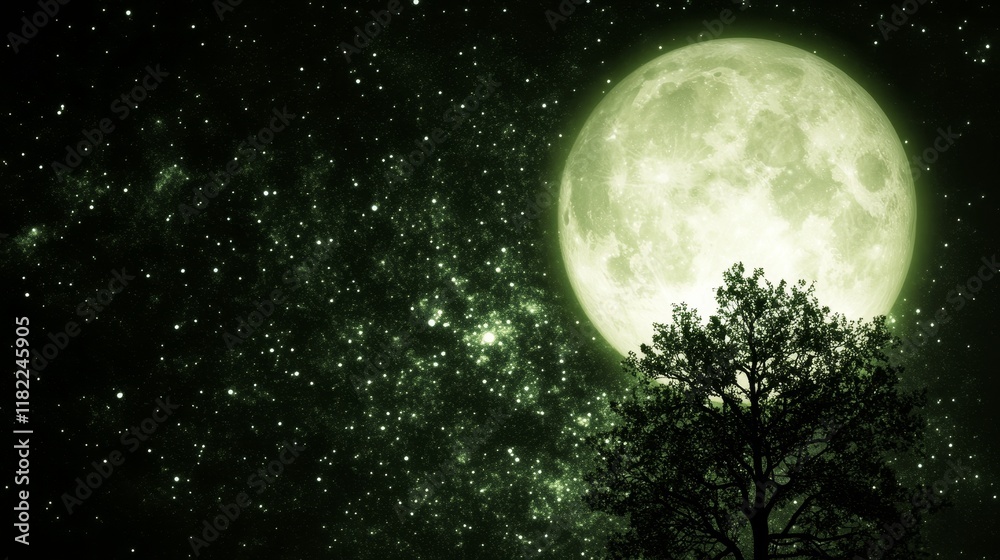 Fototapeta premium Night Sky, Green Moon, Silhouette Tree, Starry Background