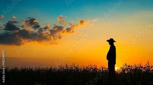 Silhouette of elderly farmer standing in serene soybean field at dusk