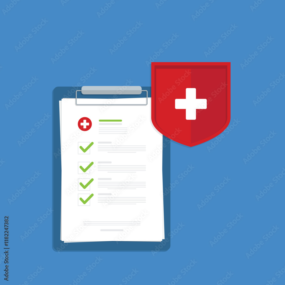 Obraz premium Medical healthcare insurance. Red shield on patient protection policy and pen. Medicine symbol. Vector illustration 