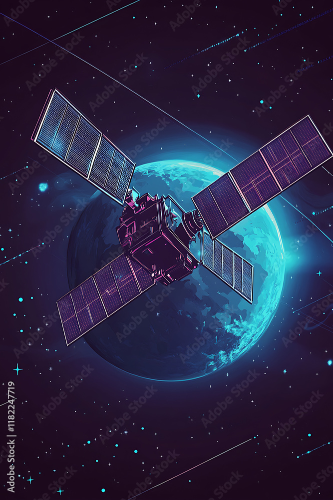 A satellite orbits a vibrant blue planet in a cosmic scene filled with stars. A satellite orbits a vibrant blue planet in a cosmic scene filled with stars.
