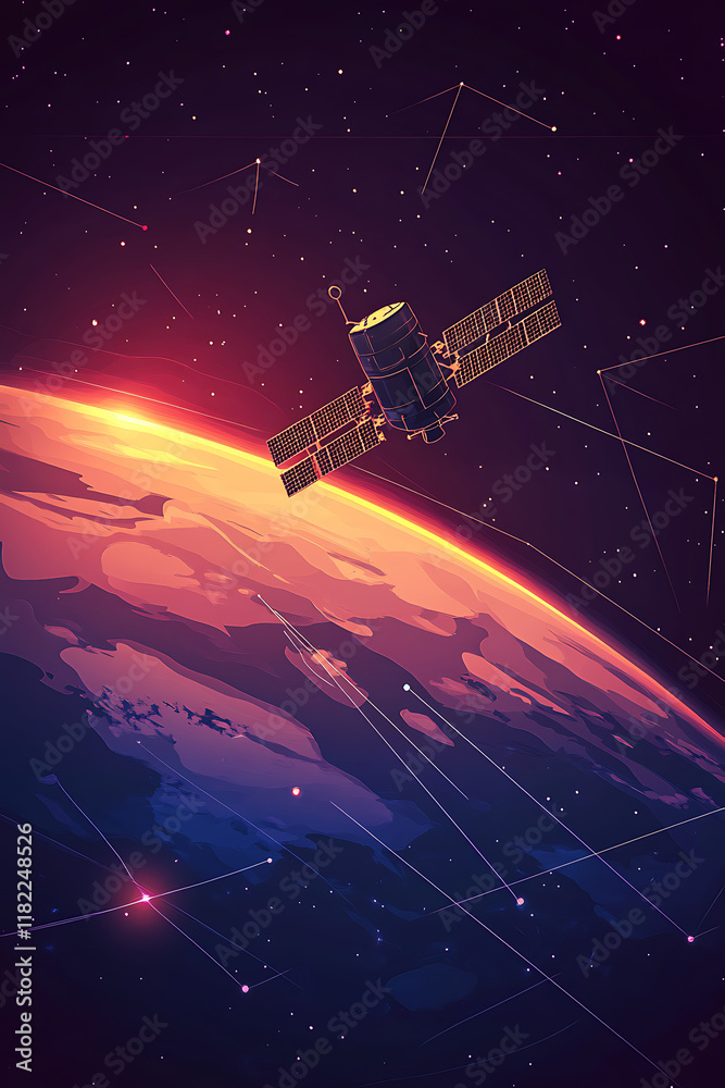 A satellite orbits Earth, surrounded by stars in a vibrant cosmic scene. A satellite orbits Earth, surrounded by stars in a vibrant cosmic scene.