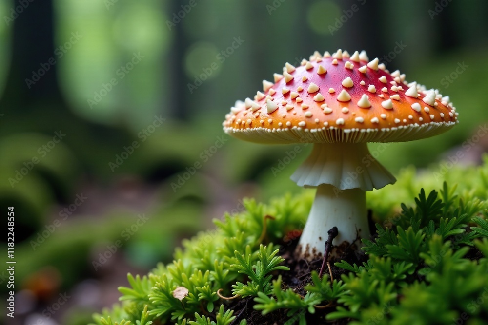 Fototapeta premium Mossy forest floor, toadstool cap with white gills, damp, forest, stem