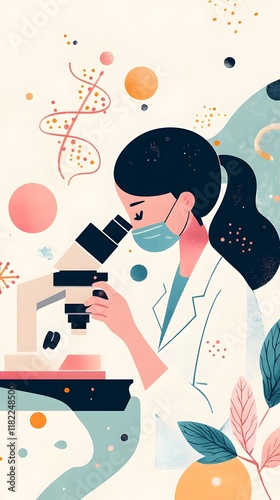 A flat vector illustration of a female scientist looking through a microscope, with simple shapes and icons