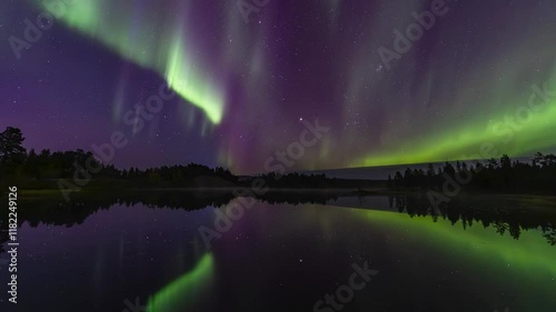 Aurora Borealis timelapse reflecting on lake near Kiruna, Sweden