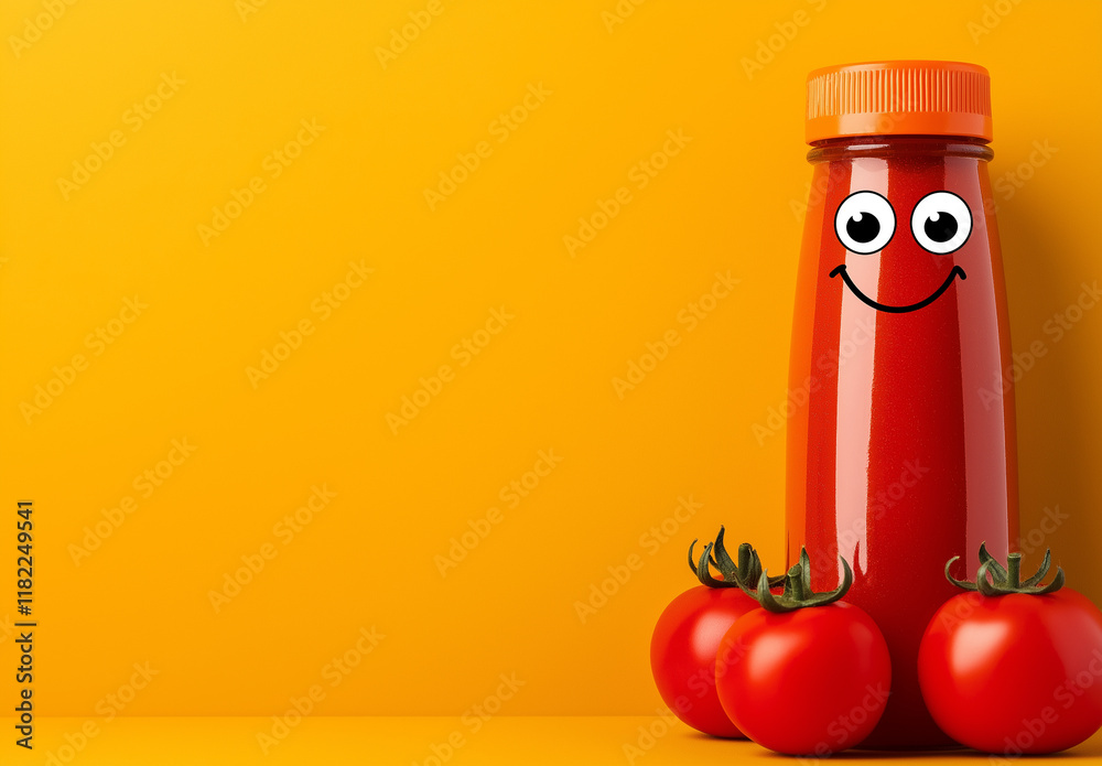 Tomato sauce bottle with smiling face and fresh tomatoes, vibrant yellow background, creative food concept for advertising, playful and fun design Tomato sauce bottle with smiling face and fresh tomatoes, vibrant yellow background, creative food concept for advertising, playful and fun design