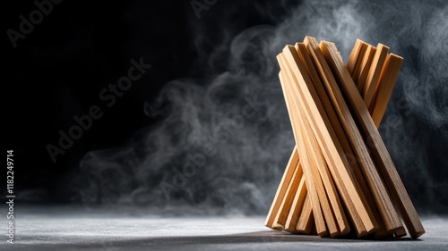 Wooden sticks arranged in haphazard pile with dark smoky background