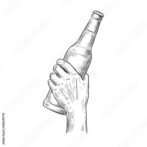hand holding bottle vector line art hand drawn illustration