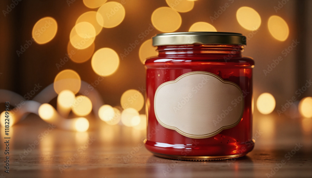 Red candle jar with blank label against bokeh lights background, jar mockup with label Red candle jar with blank label against bokeh lights background, jar mockup with label