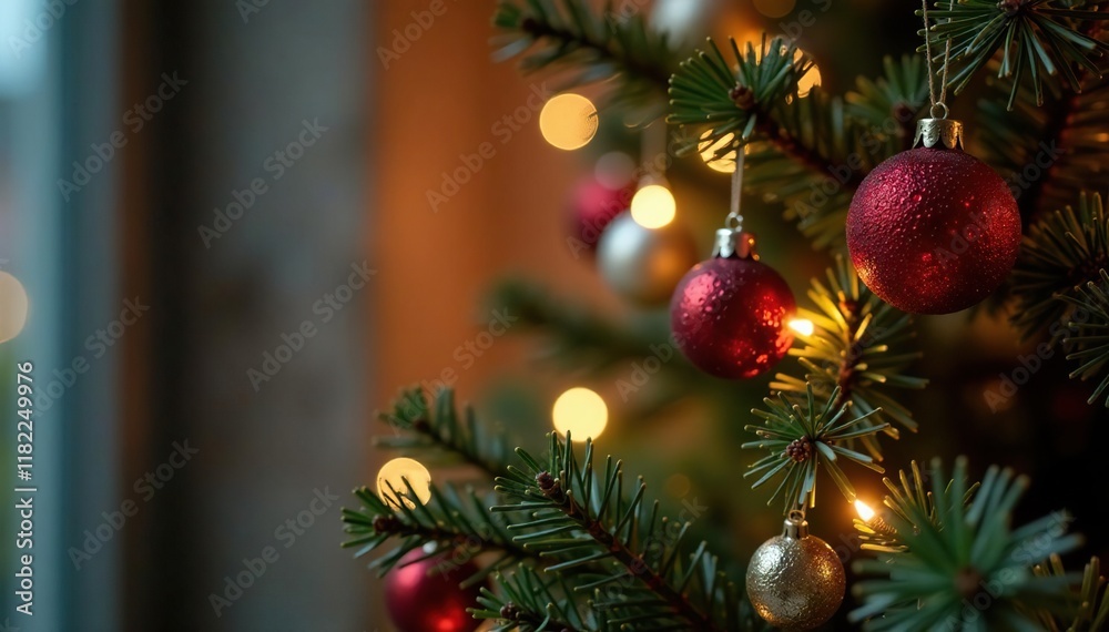 Red berry-adorned Christmas tree with warm glow of fairy lights, decorative centerpiece, christmas tree, illuminated tree Red berry-adorned Christmas tree with warm glow of fairy lights, decorative centerpiece, christmas tree, illuminated tree