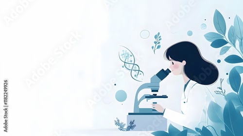 A flat vector illustration of a female scientist looking through a microscope, with simple shapes and icons