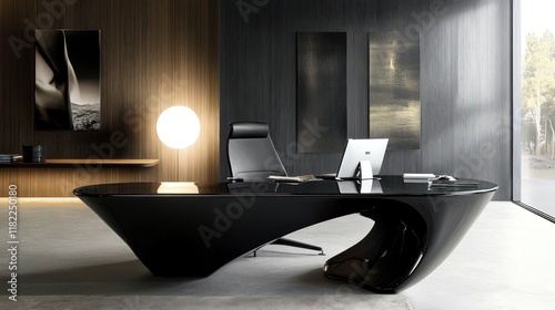 Modern Executive Office Desk Design: Black Glossy Finish and Minimalist Decor photo