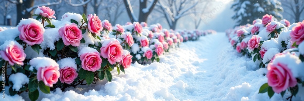 Rose bushes covered in a thick layer of winter snow, snowy pathway, winter, snow-covered Rose bushes covered in a thick layer of winter snow, snowy pathway, winter, snow-covered