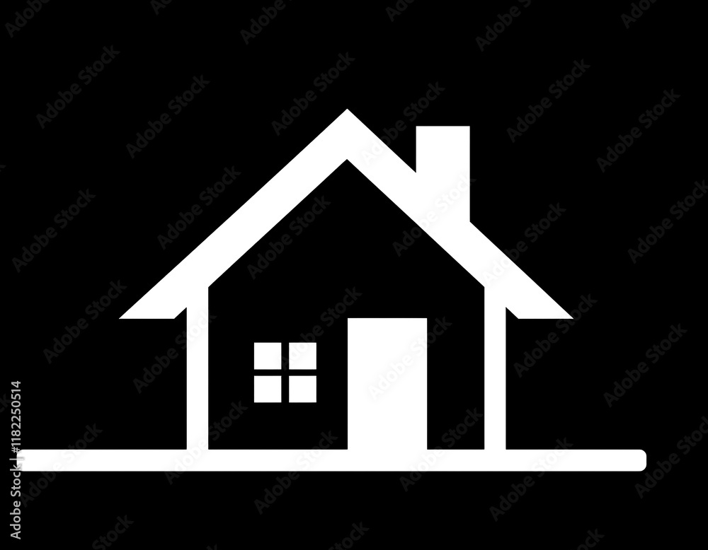 Icono de una casa con puerta ventana y chimenea, blanca sobre fondo negro Icono de una casa con puerta ventana y chimenea, blanca sobre fondo negro