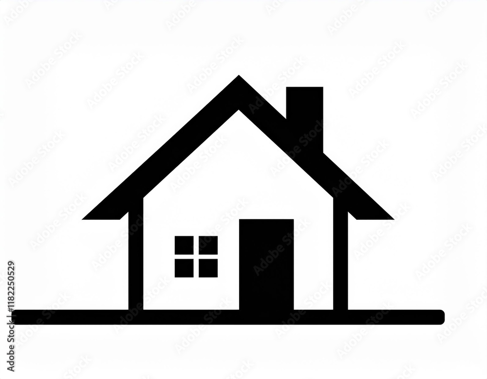 Icono de una casa con puerta ventana y chimenea, negra sobre fondo blanco Icono de una casa con puerta ventana y chimenea, negra sobre fondo blanco