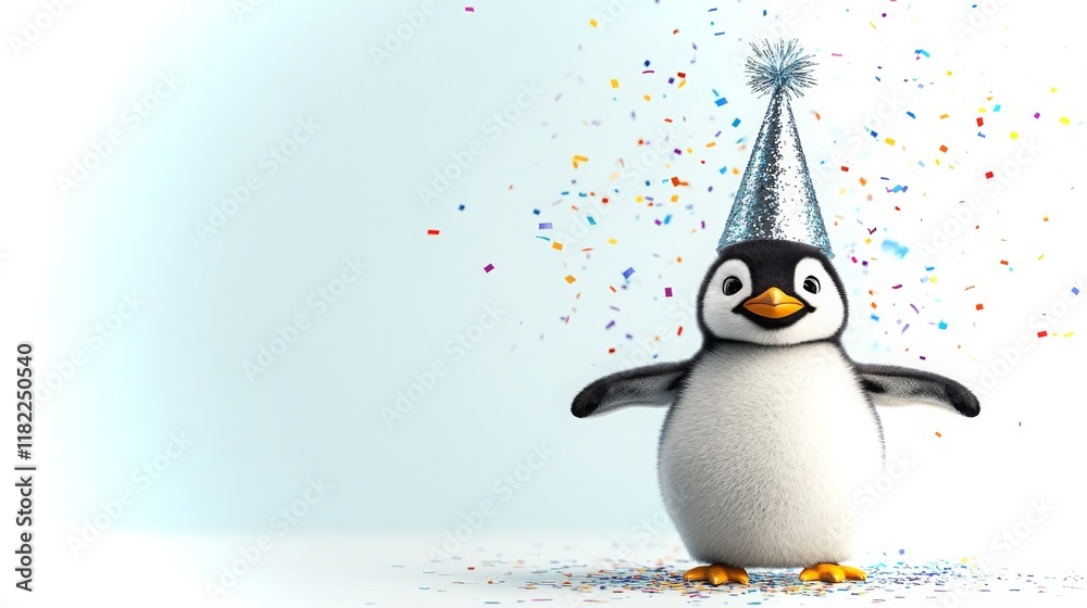 Obraz premium Waddling penguin chick celebrates with a sparkly party hat and confetti in a joyful setting