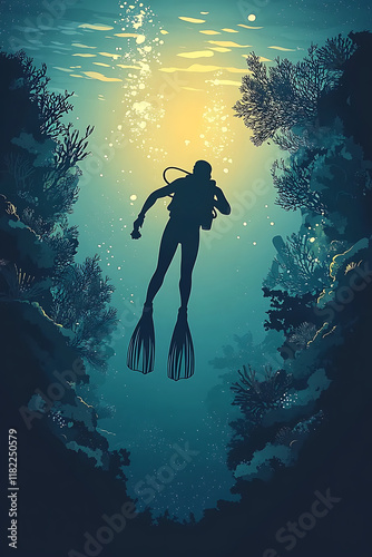 Wallpaper Mural A diver explores a serene underwater scene filled with coral and soft light. Torontodigital.ca