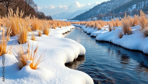 Snow-encrusted stream bank with tall dry grasses growing, winter, icy, snow encrusted photo