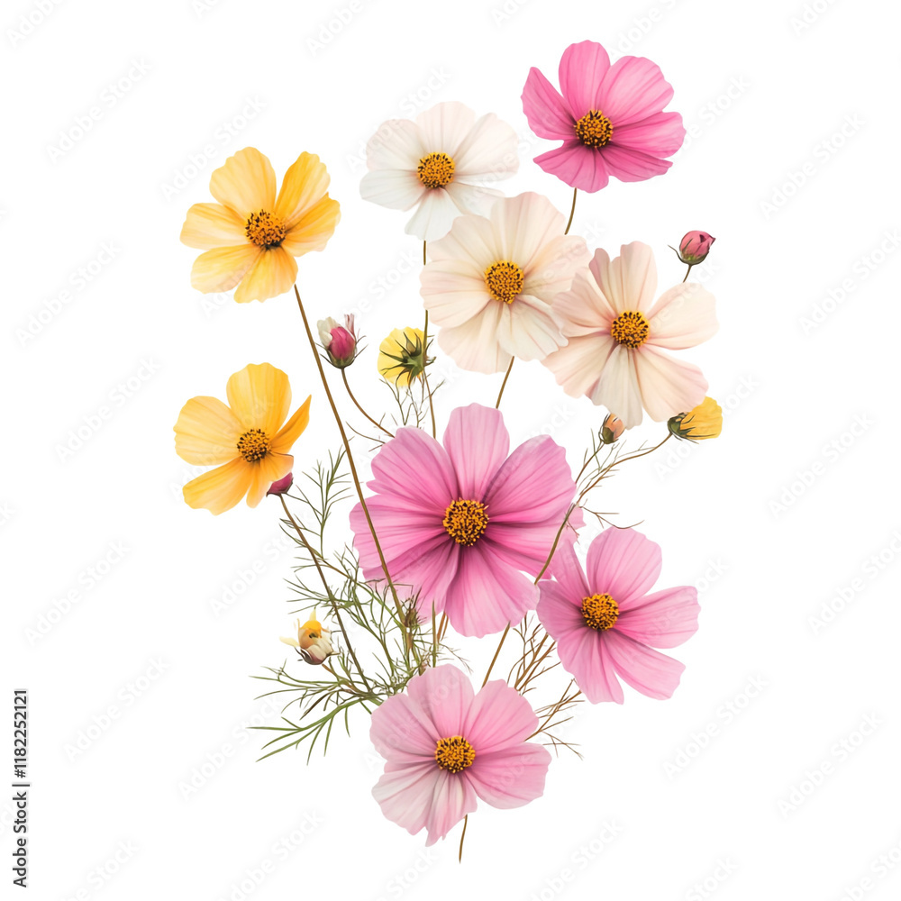Naklejka premium Delicate Cosmos Bouquet: A Symphony of Pink, Yellow, and White