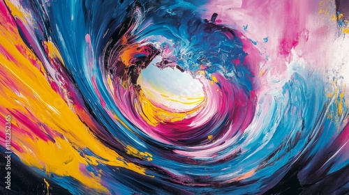 A swirling vortex of graffiti colors, with bold strokes of pink, blue, and yellow creating a dynamic abstract landscape