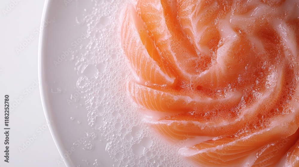 Fototapeta premium Vibrant raw salmon slice with distinct marbling, presented on a pure white backdrop for a clean and appetizing display.