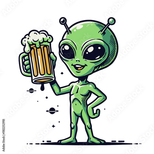 Cute cartoon alien with a large frothy beer mug, featuring playful antennas and a happy expression. A fun and quirky design for space-themed or beer-related projects. Isolated vector illustration.