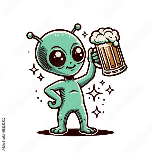 Smiling cartoon alien holding a frothy beer mug, surrounded by sparkles. A cheerful and fun design for space or beer-related themes. Isolated vector illustration. photo