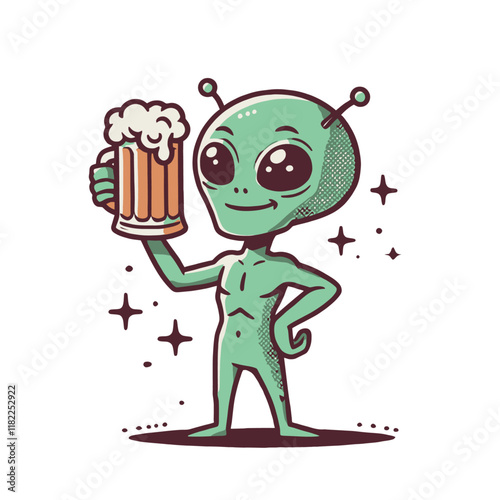 Happy cartoon alien with antennas holding a frothy beer mug, surrounded by stars. A playful and quirky design for space or beer-themed projects. Isolated vector illustration.