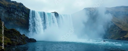 The base of a waterfall is shrouded in a misty veil that rises high into the air, foggy, mystical, atmospheric