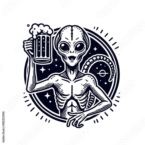 Vintage-style alien holding a beer mug with a cosmic backdrop. Intricately detailed design perfect for sci-fi, brewery, or cosmic-themed projects. Isolated vector illustration.