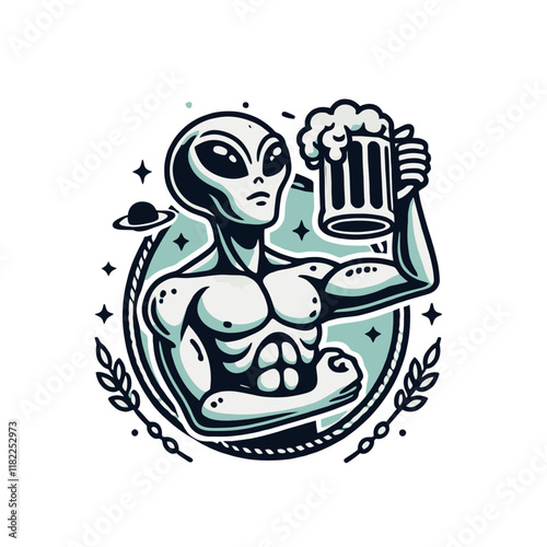 Muscular alien holding a frothy beer mug with a cosmic-themed background. A bold and fun design for sci-fi, beer, or fitness-related projects. Isolated vector illustration.