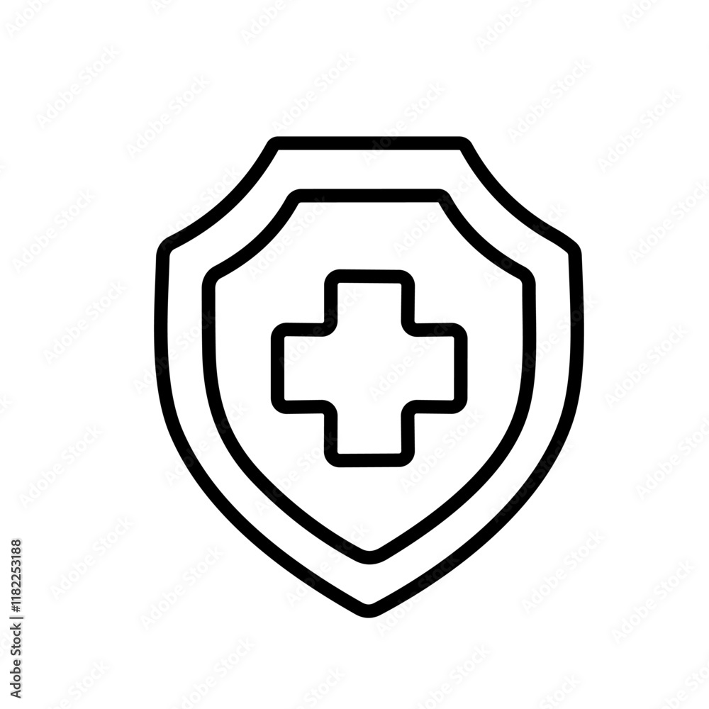 Medical protection shield with cross in line art isolated on white background. Medical protection shield with cross in line art isolated on white background.