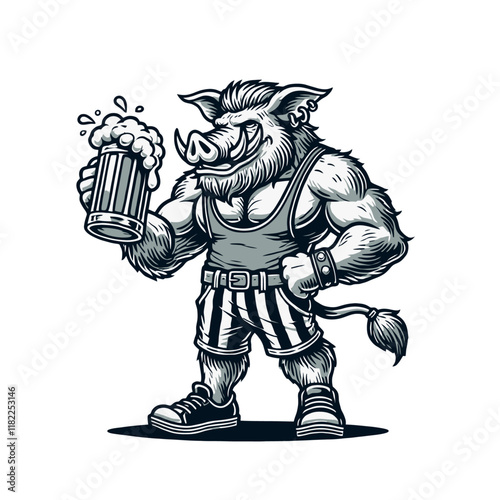 Muscular cartoon wild boar in striped shorts holding a beer mug, looking strong and confident. Perfect for bar, party, or fitness-themed designs. Isolated vector illustration.