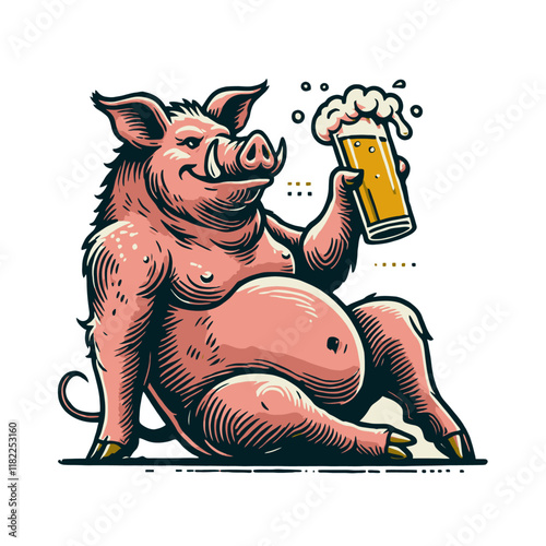 Relaxed cartoon boar with a large belly sitting and holding a beer mug. Ideal for bar, party, or humorous rustic-themed designs. Isolated vector illustration.