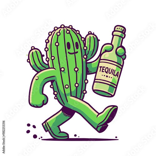 Playful cartoon cactus walking with a tequila bottle, showcasing a fun and lively vibe. Great for party, bar, or creative designs with a quirky twist. Isolated vector illustration.