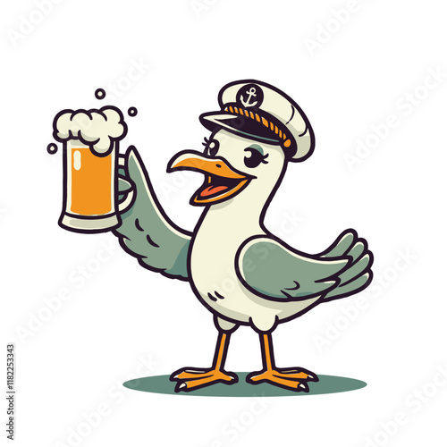 Elegant cartoon seagull in a captain's hat holding a beer mug with a cheerful expression. Great for nautical, bar, or celebration-themed designs. Isolated vector illustration.