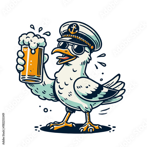 Funny cartoon seagull captain wearing sunglasses and holding a frothy beer mug with a confident smile. Great for nautical, bar, or party-themed designs. Isolated vector illustration.