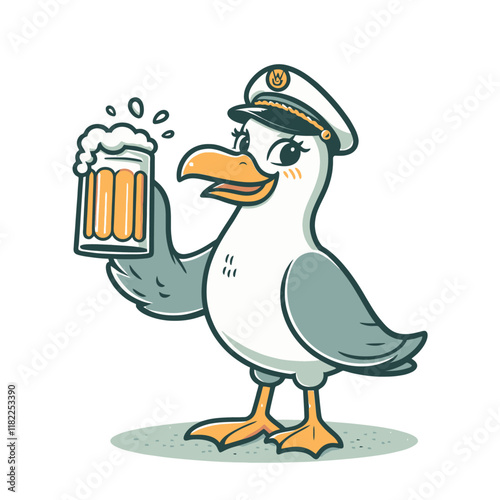 Elegant cartoon seagull in a captain's hat holding a frothy beer mug and smiling. Perfect for nautical, bar, or celebration-themed designs. Isolated vector illustration.