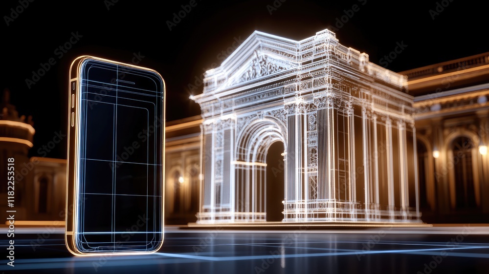 Fototapeta premium Futuristic smartphone with glowing architectural structure Digital and modern concept