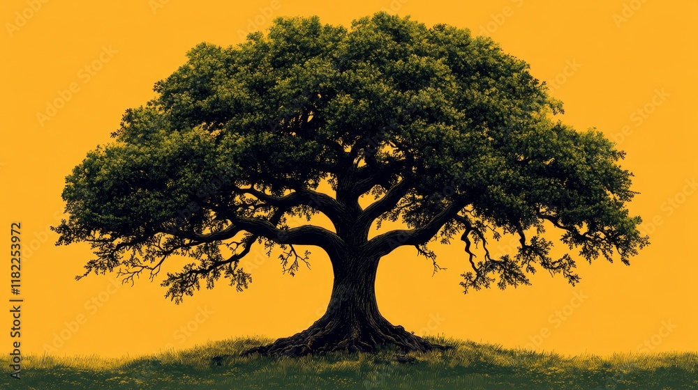 Majestic oak tree silhouette against a vibrant yellow sunset.