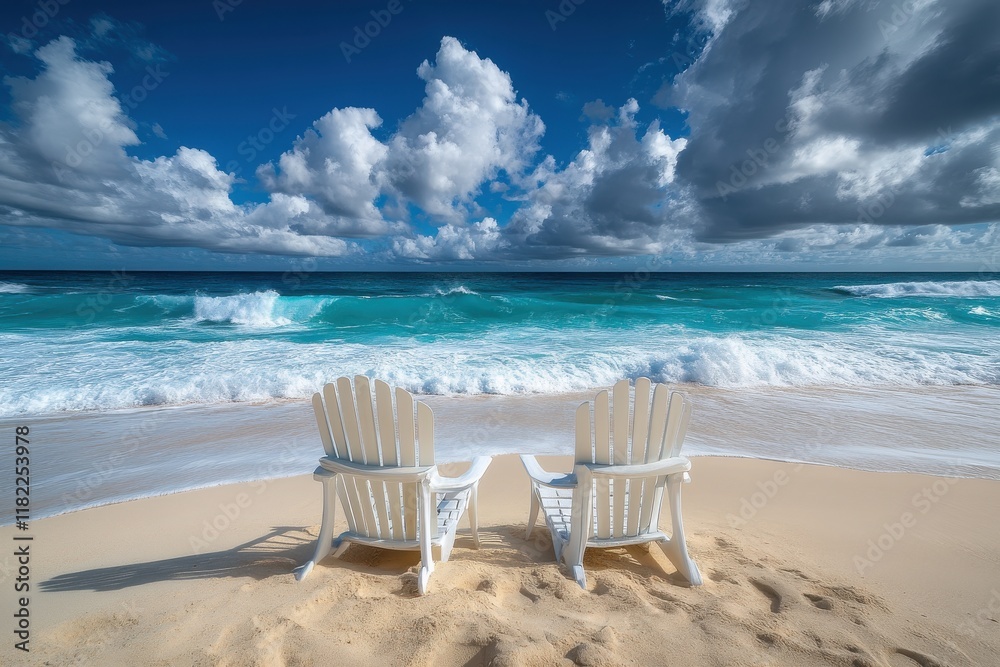 Two white chairs on a sandy beach facing a turquoise ocean under a partly cloudy sky. Two white chairs on a sandy beach facing a turquoise ocean under a partly cloudy sky.