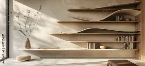 Virtual meeting background with trendy wooden asymmetrical shelves
