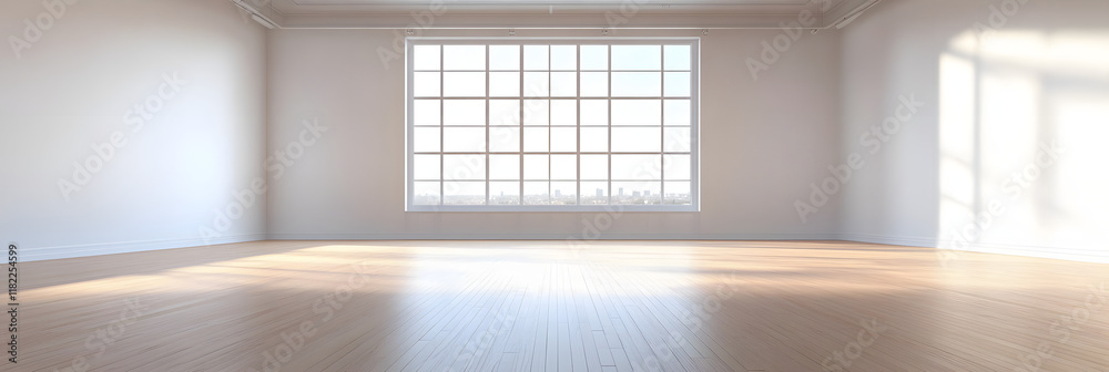 Fototapeta premium Empty white room with white wall, wooden floor and big window. Studio or office blank space. Empty template for interior product. Background for branding design showcase with copy space