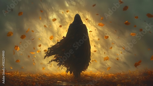 Ghostly silhouette of a specter or supernatural entity enveloped by a swirling whirlwind of autumn leaves on a chilling moody Halloween night  Dramatic eerie