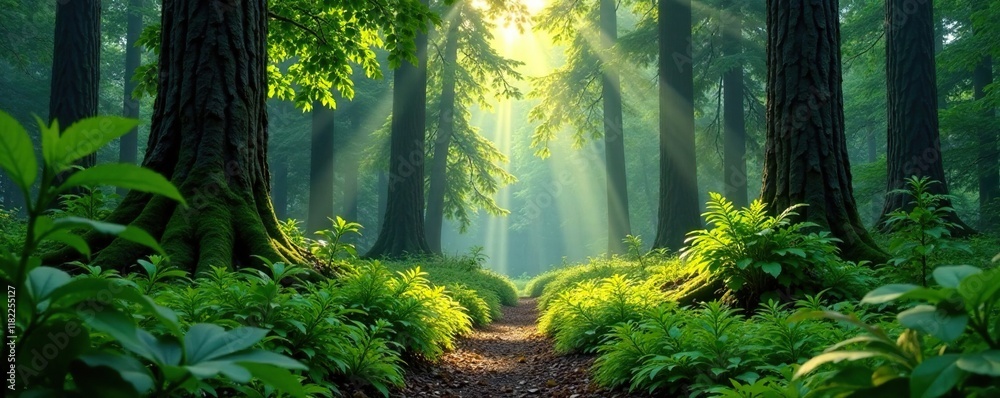 Fototapeta premium A calm and peaceful forest glade with tall trees and ferns in the background, woodland, tree