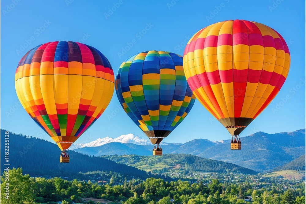 Fototapeta premium Colorful hot air balloons soar over a stunning mountain landscape on a bright sunny day. A breathtaking view!