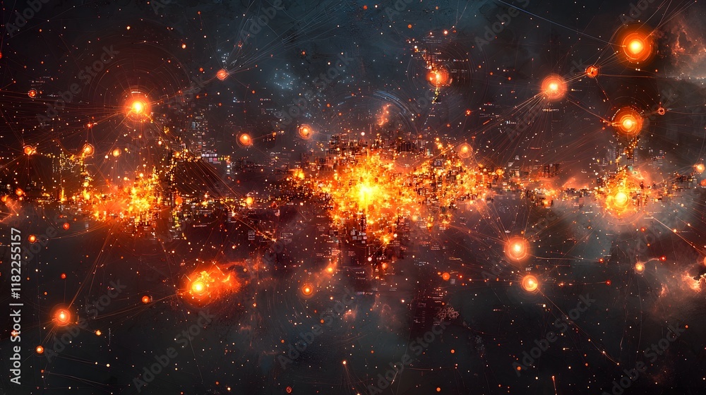 Fototapeta premium Mesmerizing display of colorful glowing and explosive pyrotechnic burst in the night sky Dramatic dynamic and vibrant abstract background texture created by advanced data analysis techniques