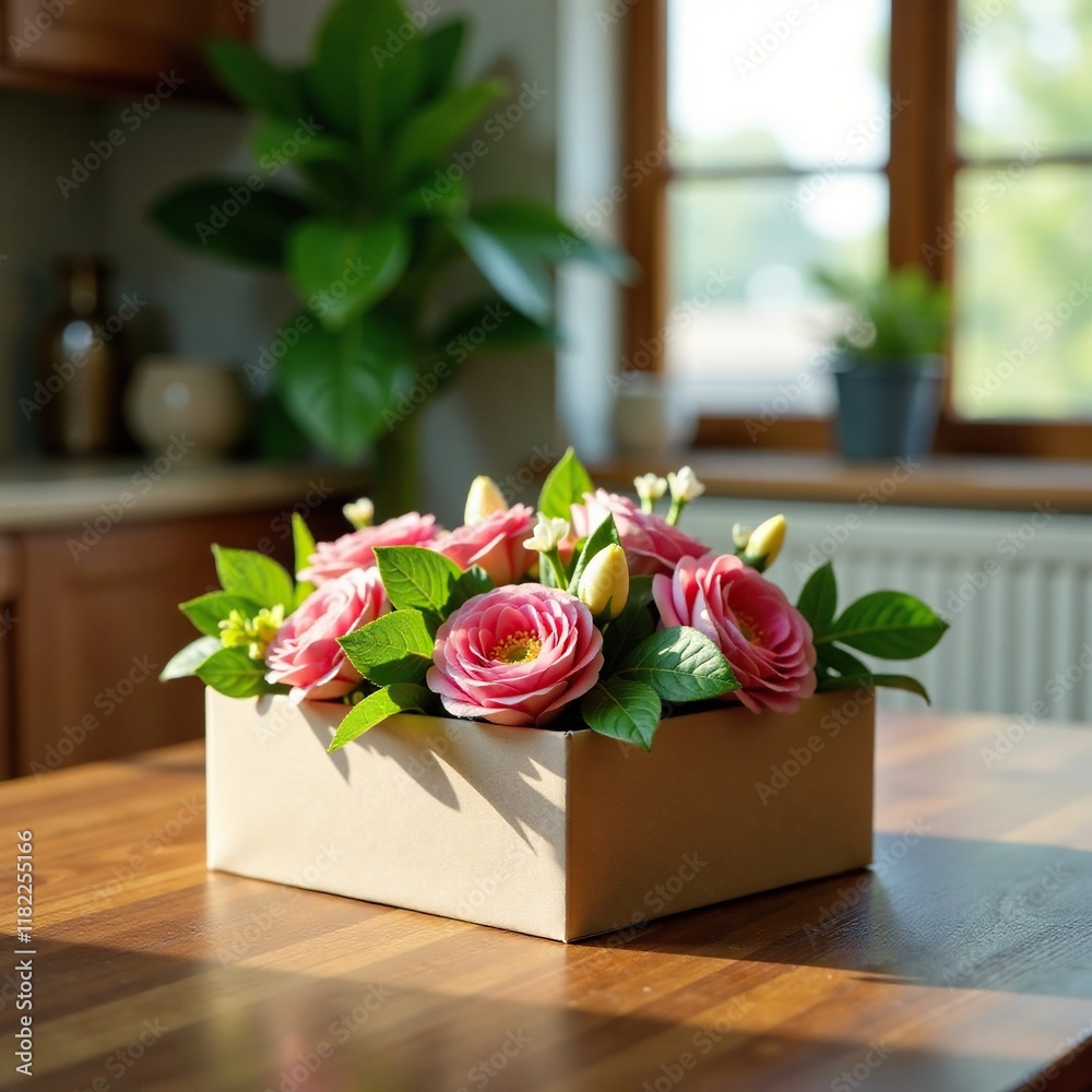 Obraz premium A decorative paper box with flowers and greenery on a wooden dining table, kitchen, dinner