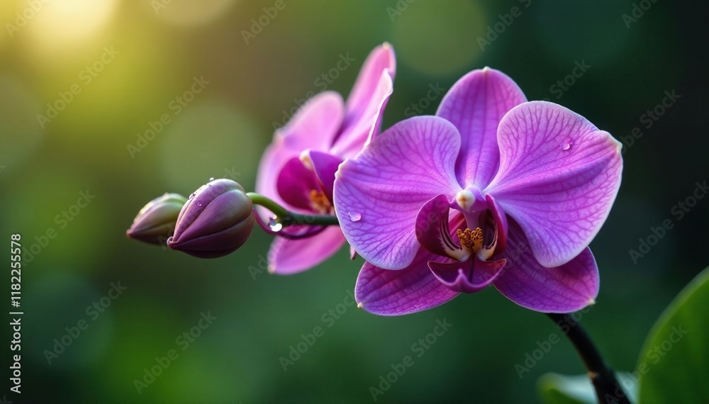 A single stem of a purple orchid with morning dew on its leaves, Stems, Leaves A single stem of a purple orchid with morning dew on its leaves, Stems, Leaves