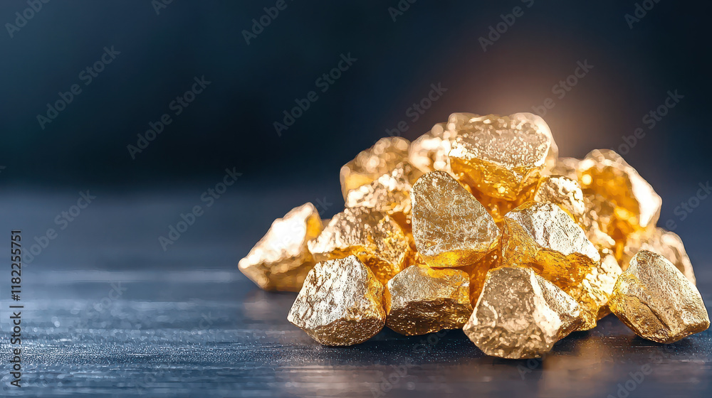 Golden nuggets shining on dark surface, symbolizing wealth and prosperity. texture and brilliance of gold create captivating visual appeal Golden nuggets shining on dark surface, symbolizing wealth and prosperity. texture and brilliance of gold create captivating visual appeal
